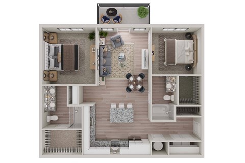 a 3d drawing of the 1 bedroom floor plan with roommates at Livano Avondale, Avondale Arizona
